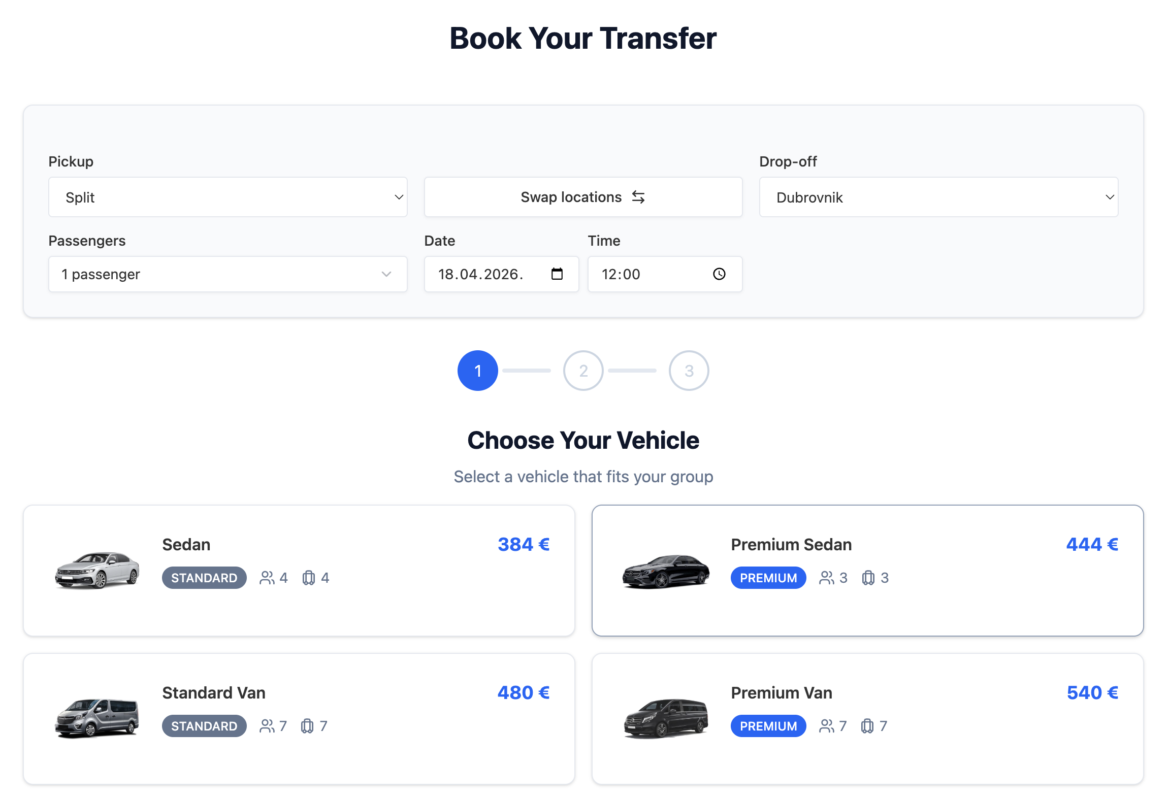 Transfer booking odabir vozila